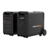 Two black iTechworld PS3600 portable lithium power stations, shown with wheels and handles—one reveals control panels and ports, the other shows the logo. Both feature a sleek design, ideal for home backup or on-the-go use. Includes EB3840 Expansion Battery Kit.